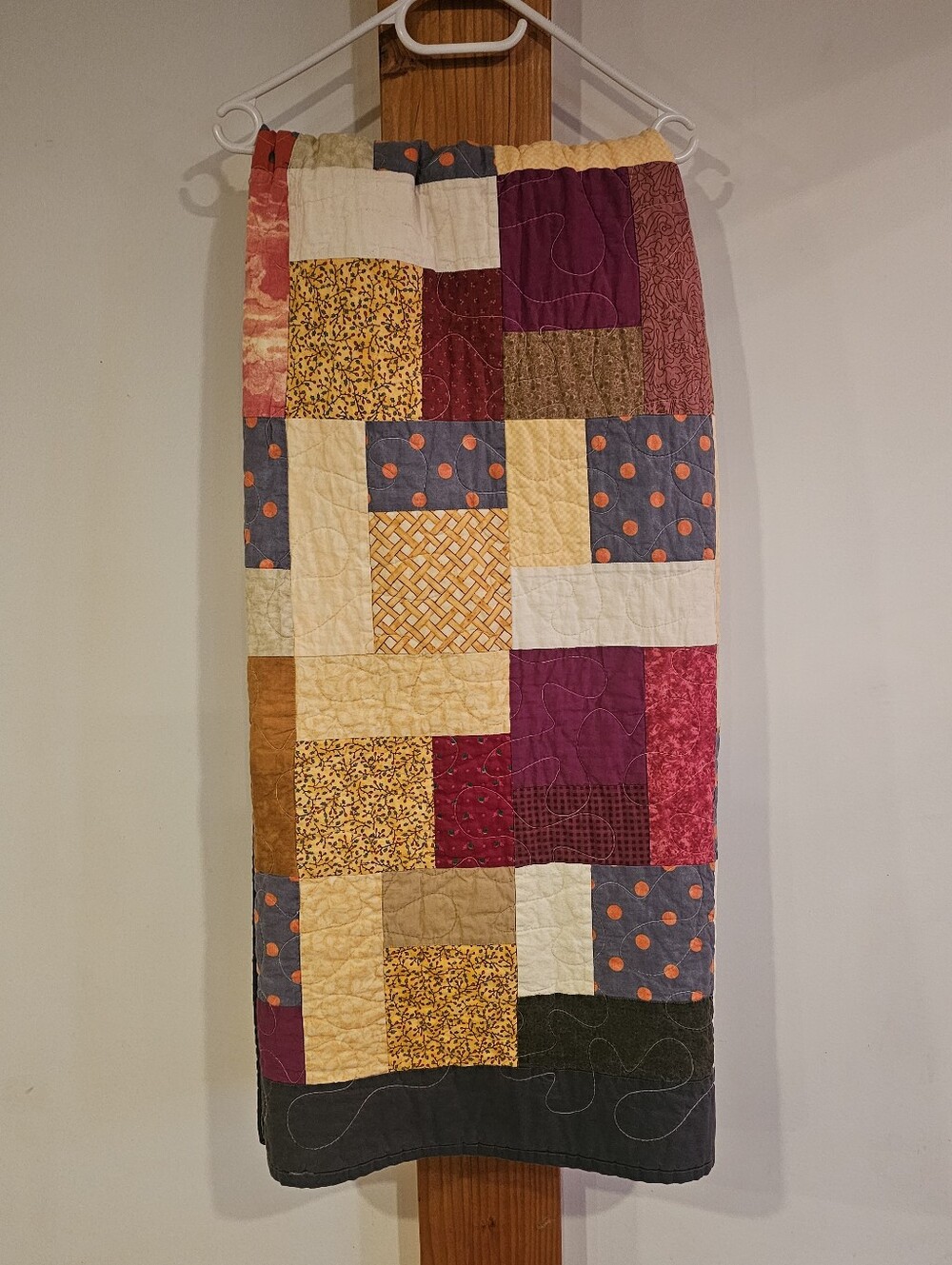 Handmade Patchwork Quilt in Cream, Yellow, Burgundy & Blue